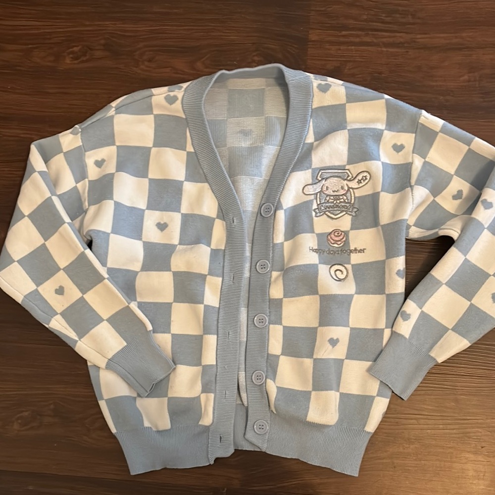 Cinnamoroll Embroidery Blue and White Checkered Cardigan